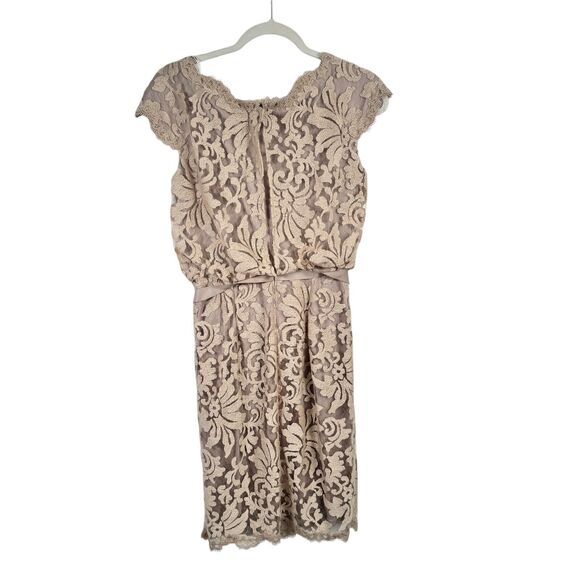 Tadashi Shoji Greta Lace Belted Bow Sheath Dress Sand Taupe Cocktail Womens 4 - Picture 6 of 7